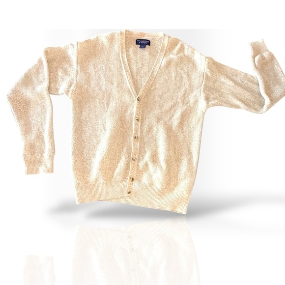 Roundtree & Yorke Beige Herringbone Cotton Cardigan Preppy Neutral Grandpa - Picture 3 of 12